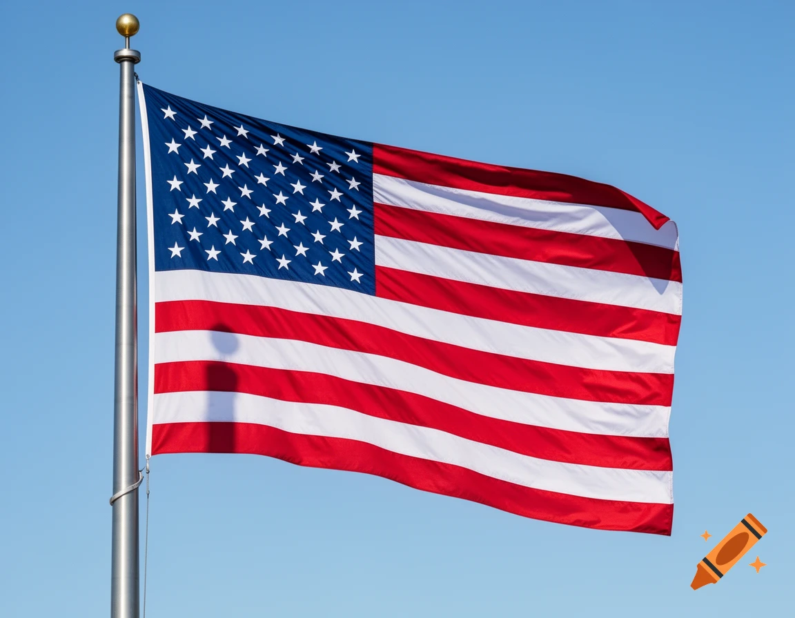 A photorealistic American flag waves on a flagpole against a clear blue sky.