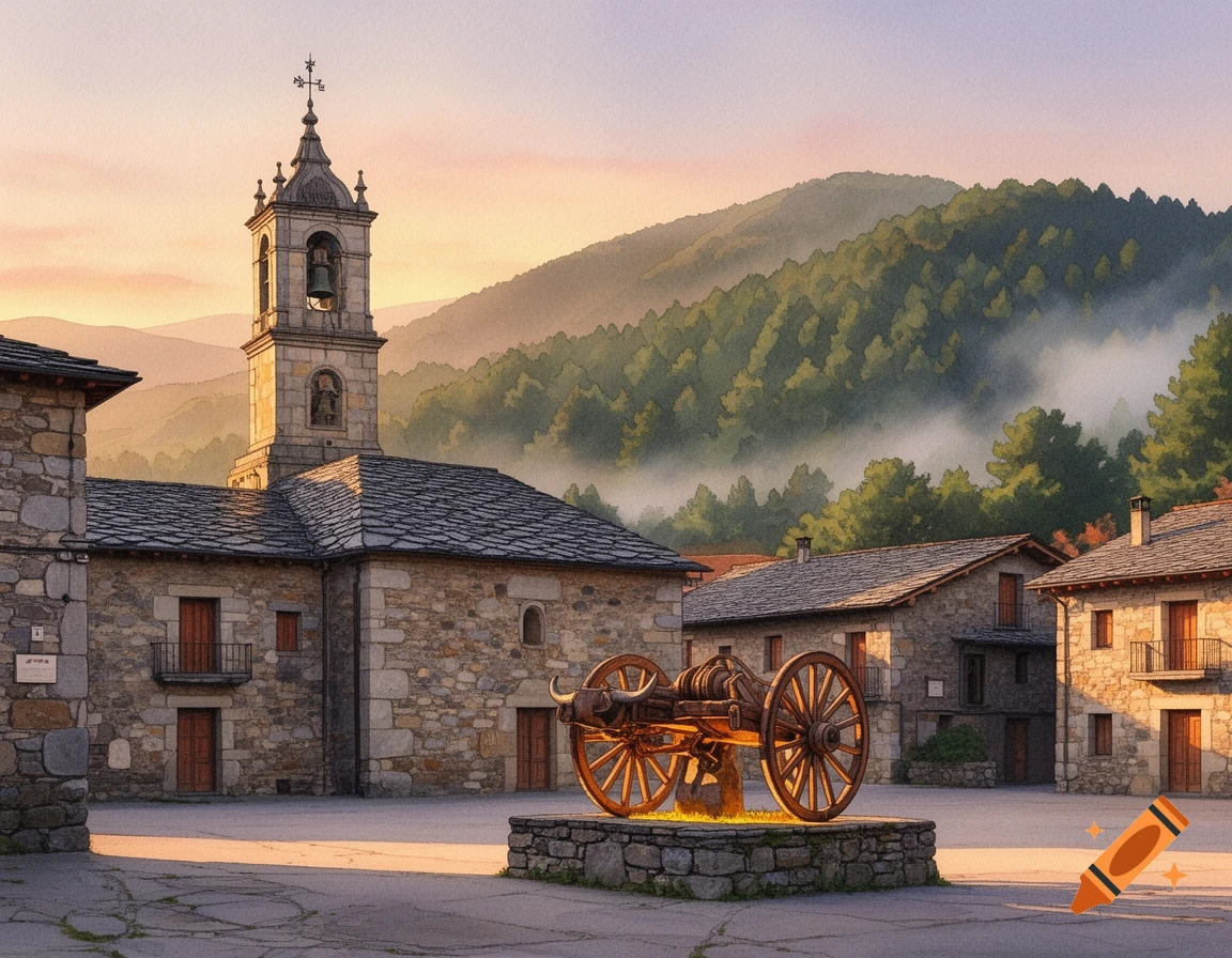 A watercolor painting of a tranquil traditional village with stone houses, a church, an old ox cart monument, and misty green mountains at sunset.