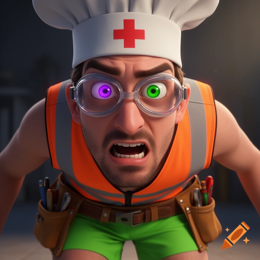 Close-up of a frantic 3D animated man in a chef hat with a red cross, goggles with purple and green eyes, an orange vest, and green shorts.