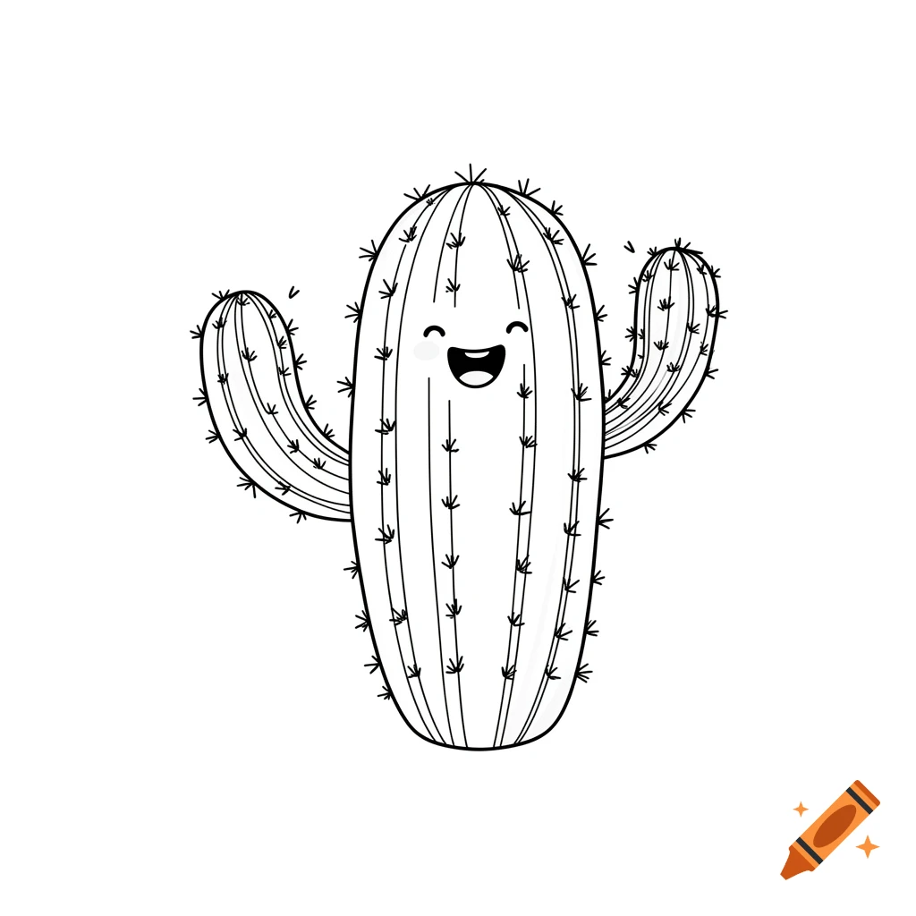 Cute, happy black and white line art cartoon cactus with arms raised in a victorious pose.