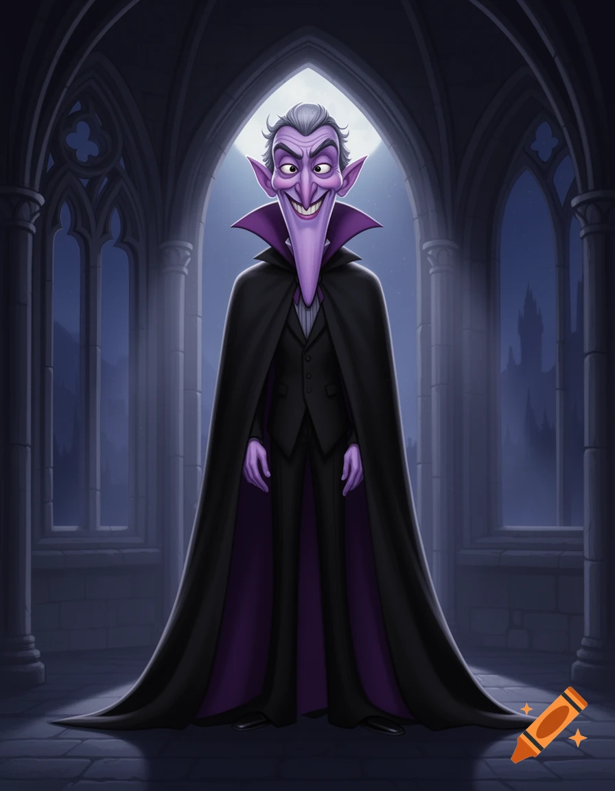A cartoon vampire with purple skin, a long face, and a black cape smiles widely in a gothic archway.