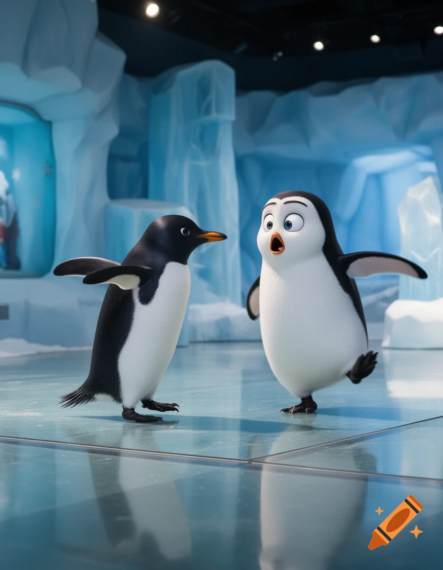 Two animated penguins on a reflective icy surface; one looks realistic, the other cartoonish and surprised, in an arctic setting.