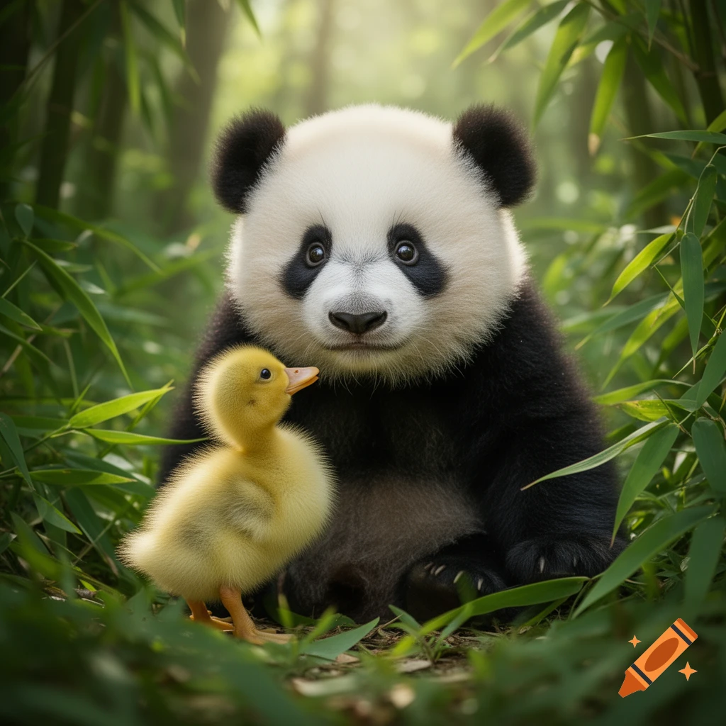 A fluffy baby panda sits in a bamboo forest, looking forward, while a yellow duckling stands in front of it looking up.