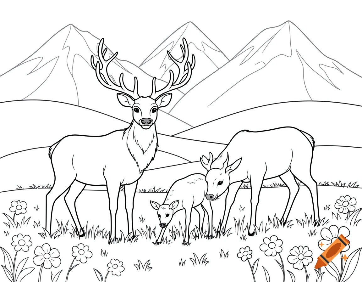 A family of elk: a stag, a doe, and a fawn grazing in a mountain meadow with flowers, in a coloring book line art style.