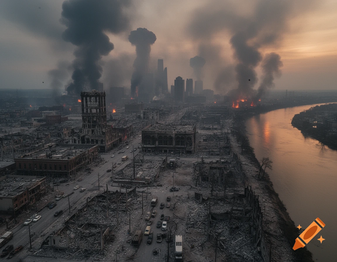 Aerial view of a city reduced to rubble and burning after a disaster, with a river reflecting the sunset and a skyline of damaged buildings shrouded in smoke.