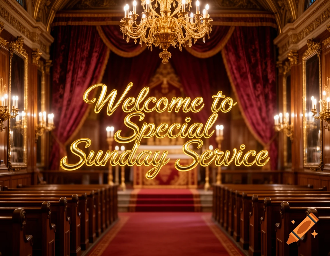 Golden text 'Welcome to Special Sunday Service' in a grand church with wooden pews, red carpet, and chandeliers.