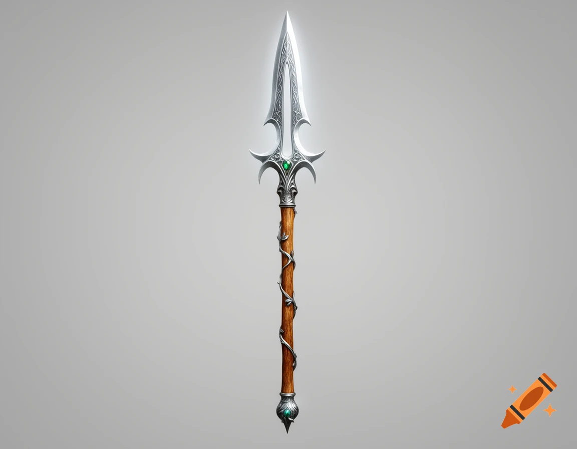 An ornate, magical, elven-forged silver spear with emerald insets and a wooden shaft wrapped in silver vines, on a neutral background.