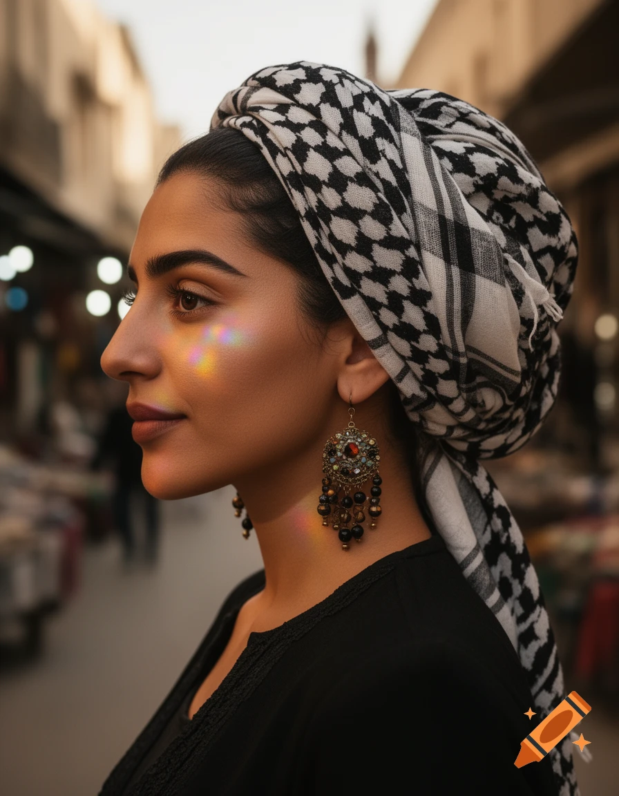 Sideways portrait of a woman in a kuffiyeh and large beaded earrings, with a rainbow reflection on her cheek.