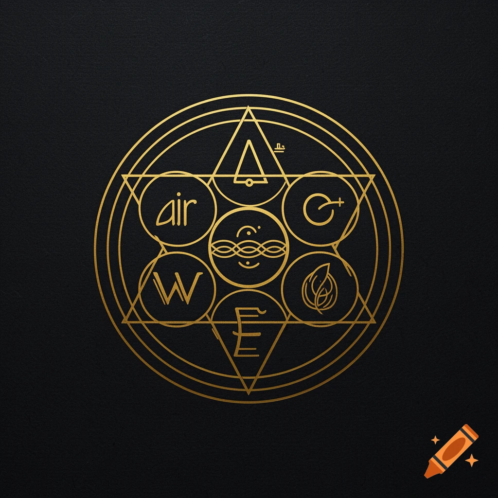 A circular gold geometric design on a dark background, featuring various symbols and text including "air", "W", and "E" within circles.