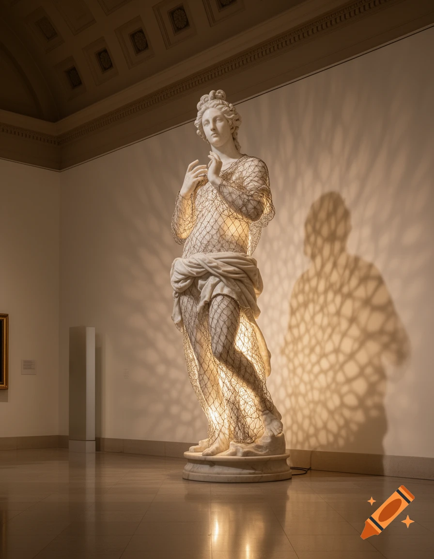 A classical marble statue, partially draped and wrapped in a delicate net, glows with soft internal light in a museum.