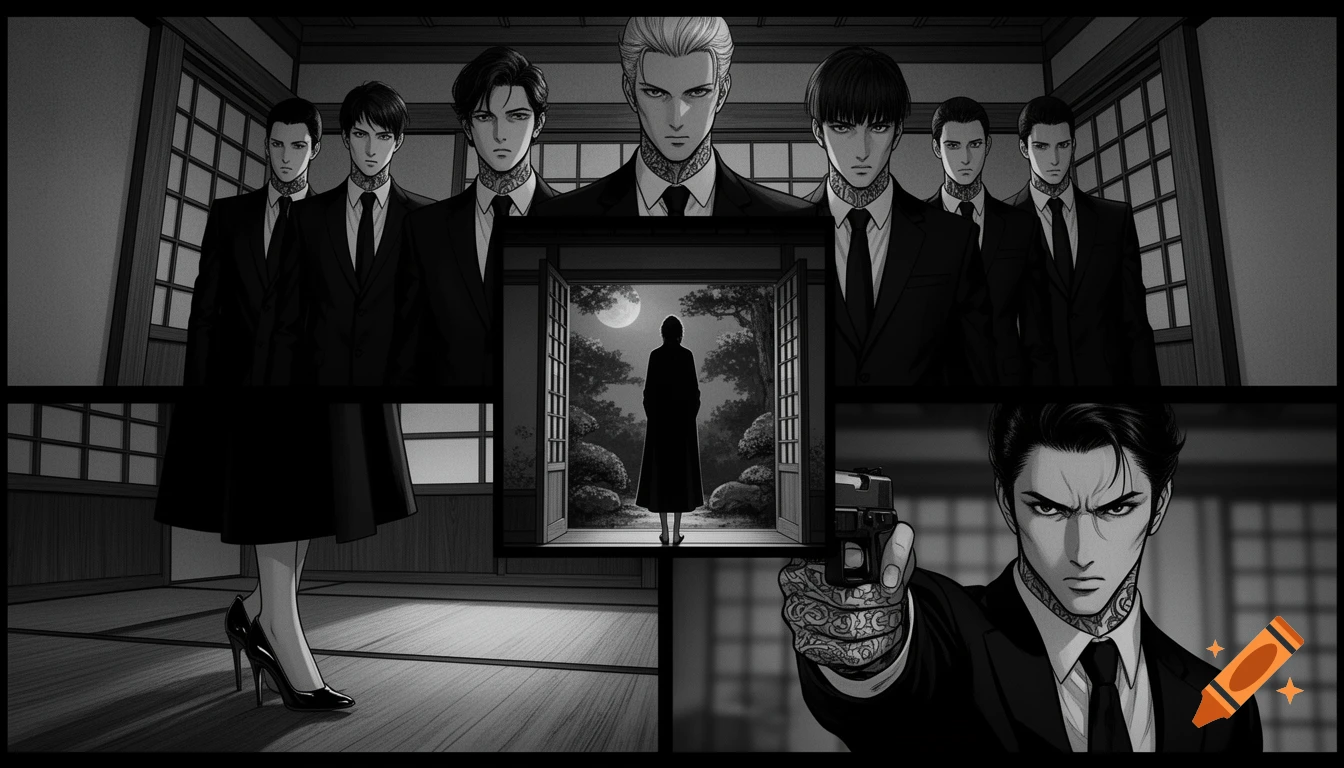 A multi-panel black-and-white manga scene of serious men in suits, one aiming a gun, a silhouetted woman in a doorway, and her high-heeled foot.