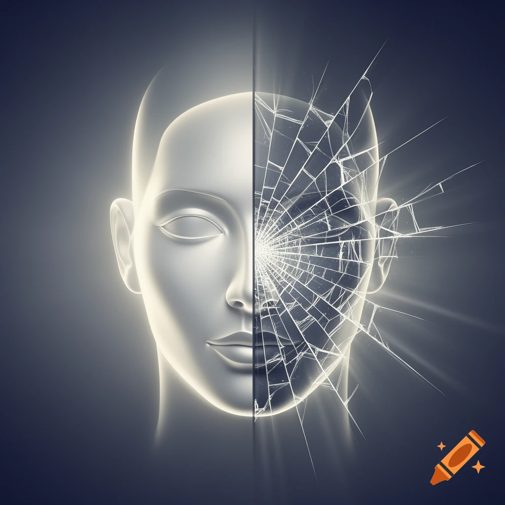 A monochromatic digital art image of a stylized human face, split down the middle with the right side shattered into glowing cracks.