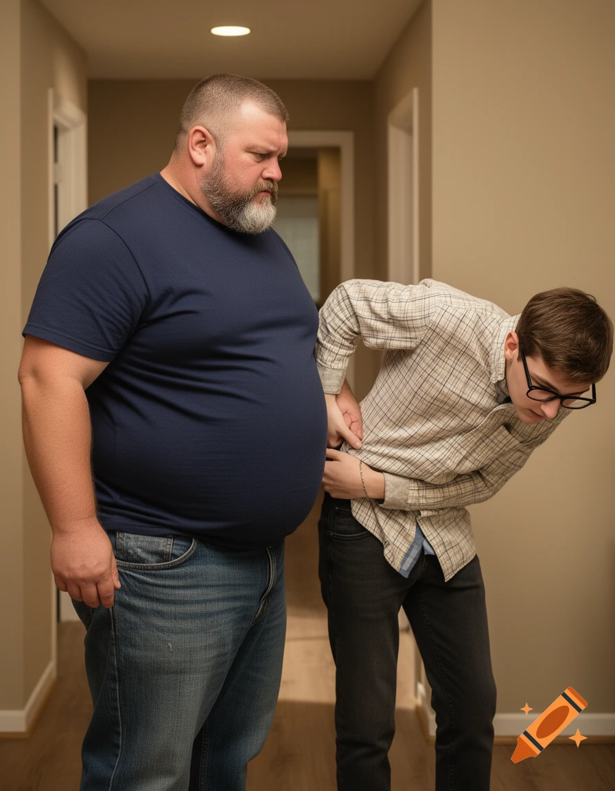 A burly, bearded man stands beside a younger man in glasses who is bent over holding his lower back in a hallway.