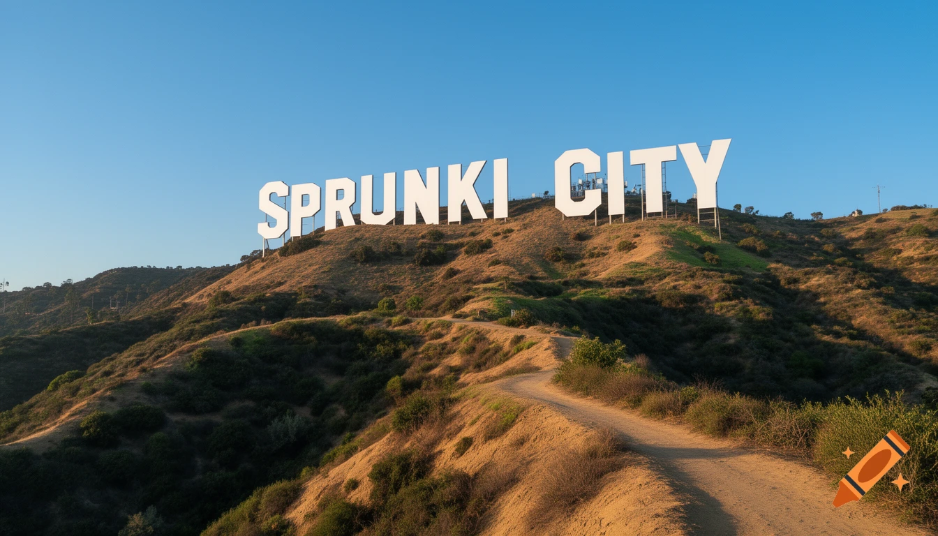 A large white sign spelling 'SPRUNKI CITY' stands on a sunny, brush-covered hillside with a dirt path in the foreground, under a clear blue sky.
