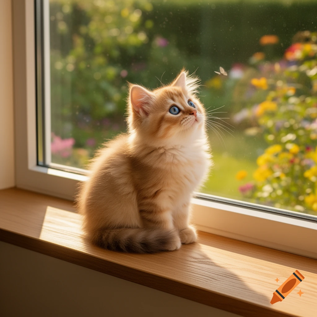 A fluffy orange and white kitten with blue eyes sits on a windowsill ...