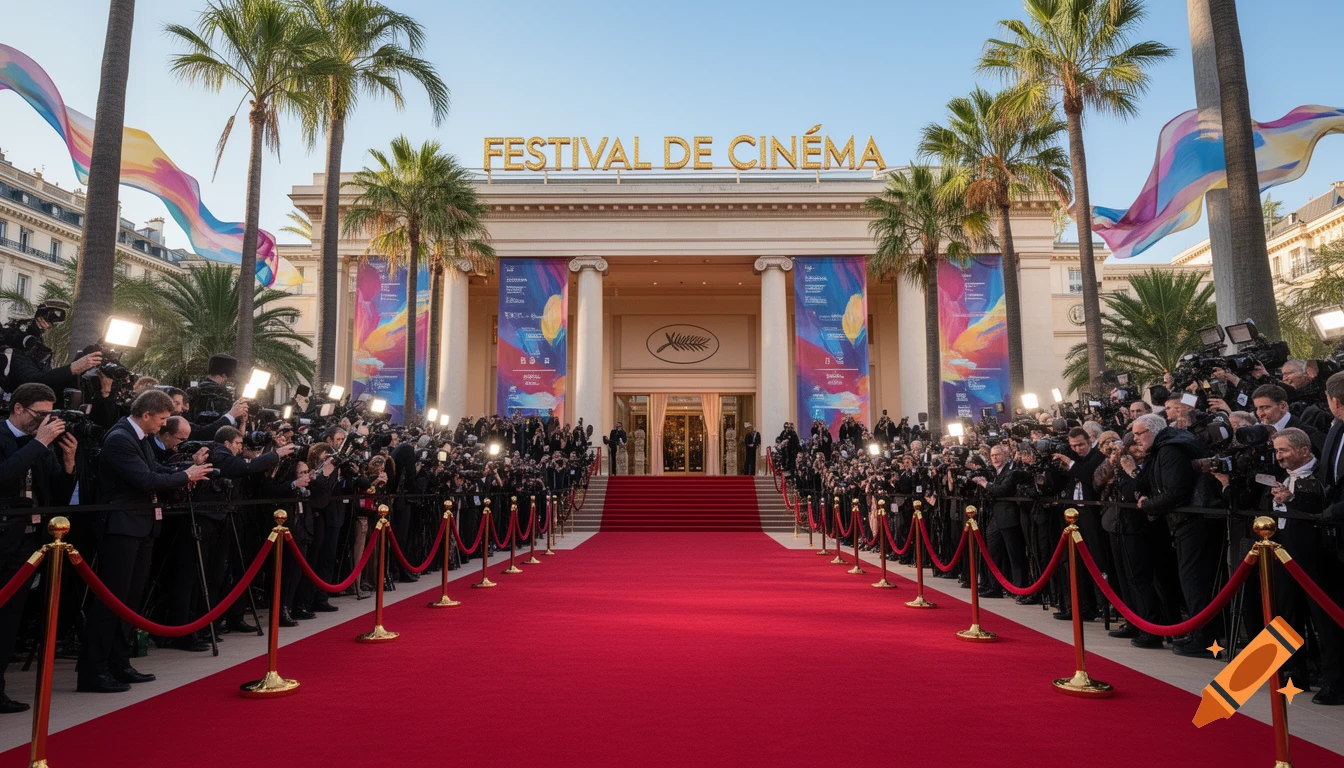 A grand red carpet event in front of a building with a 'FESTIVAL DE CIN ÉMA' sign, lined with photographers under palm trees.