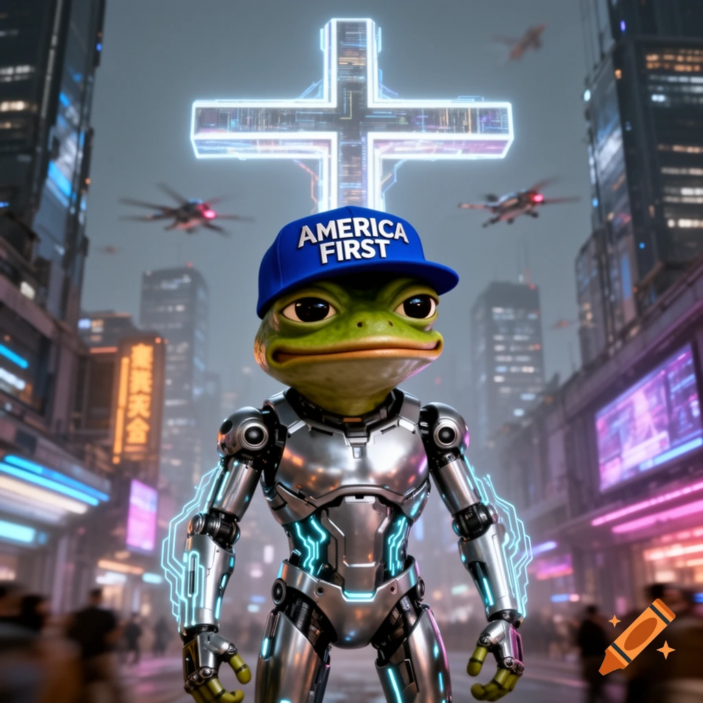 A humanoid frog in a metallic robot suit and an "AMERICA FIRST" baseball cap stands in a futuristic city with a glowing cross.