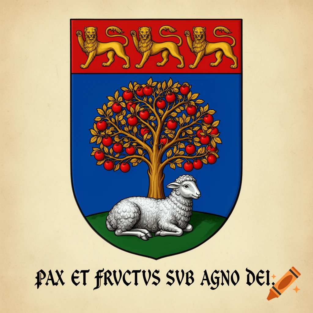 A medieval heraldic coat of arms with three golden lions, an apple tree, a lamb, and Latin text below.