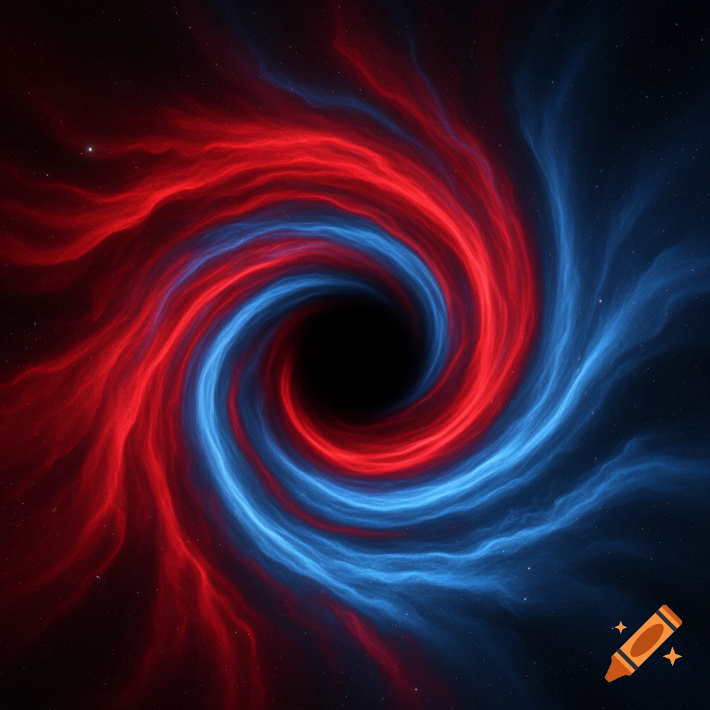 A vibrant red and blue nebula swirls around a central black hole against a starry cosmic background.