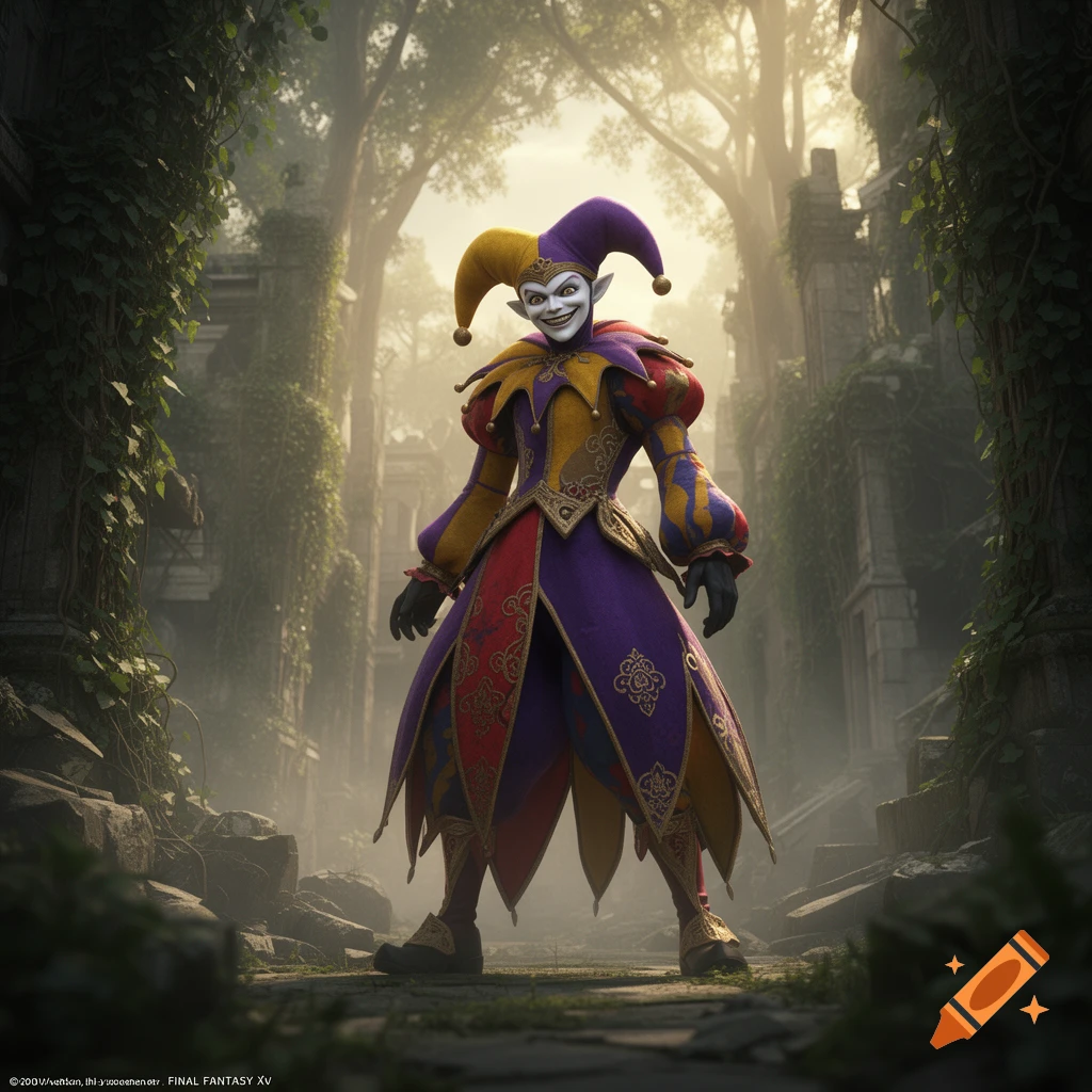 A jester-like character with an eerie grin, wearing a vibrant purple, red, and gold costume, stands in overgrown ancient ruins.