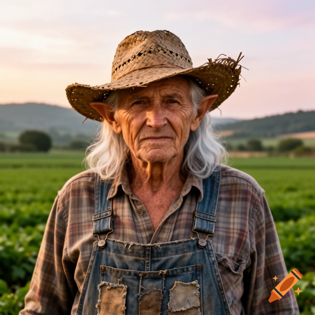 Photorealistic portrait of an old, silver-haired farmer with pointy ears, wearing a straw hat and overalls, standing in a green field at sunset.