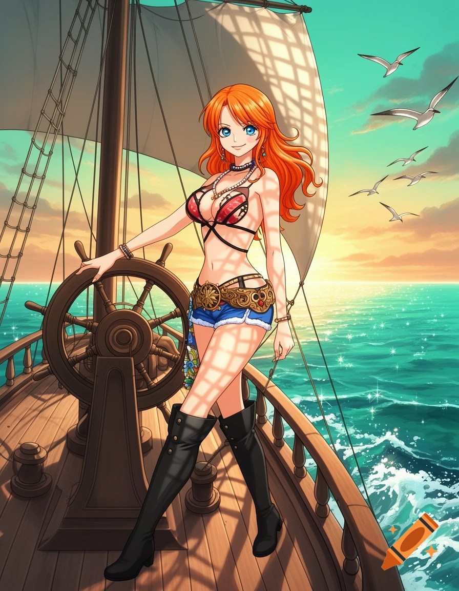 Anime-style Nami from One Piece in a revealing outfit, standing at the helm of a pirate ship at sunset.