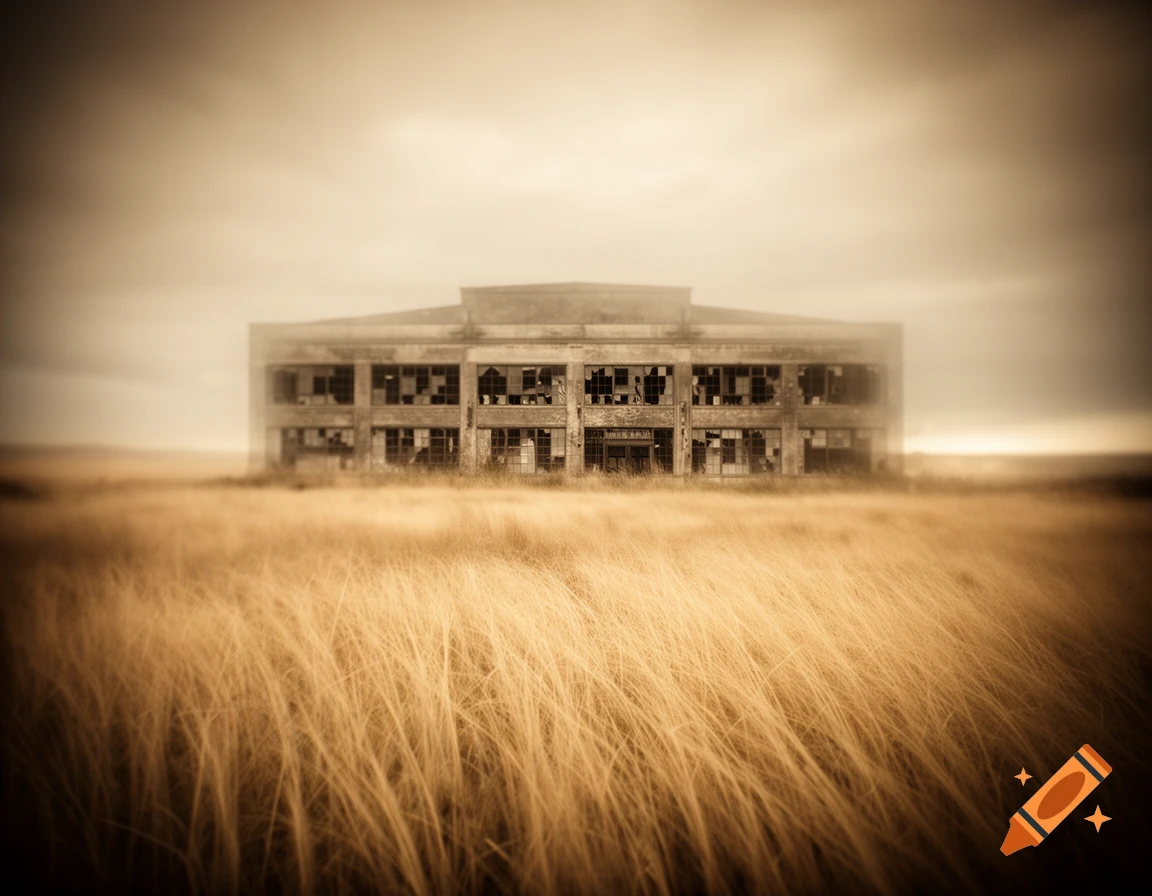 An abandoned concrete warehouse stands in a vast field of golden tall grass under a hazy, dream-like sky.