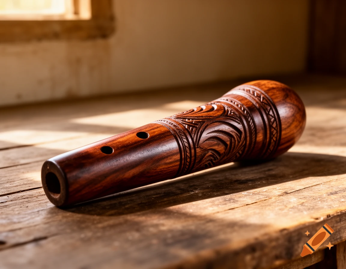 A close-up of a dark wooden pito, a carved Filipino flute, resting on a rustic wooden table with natural light.