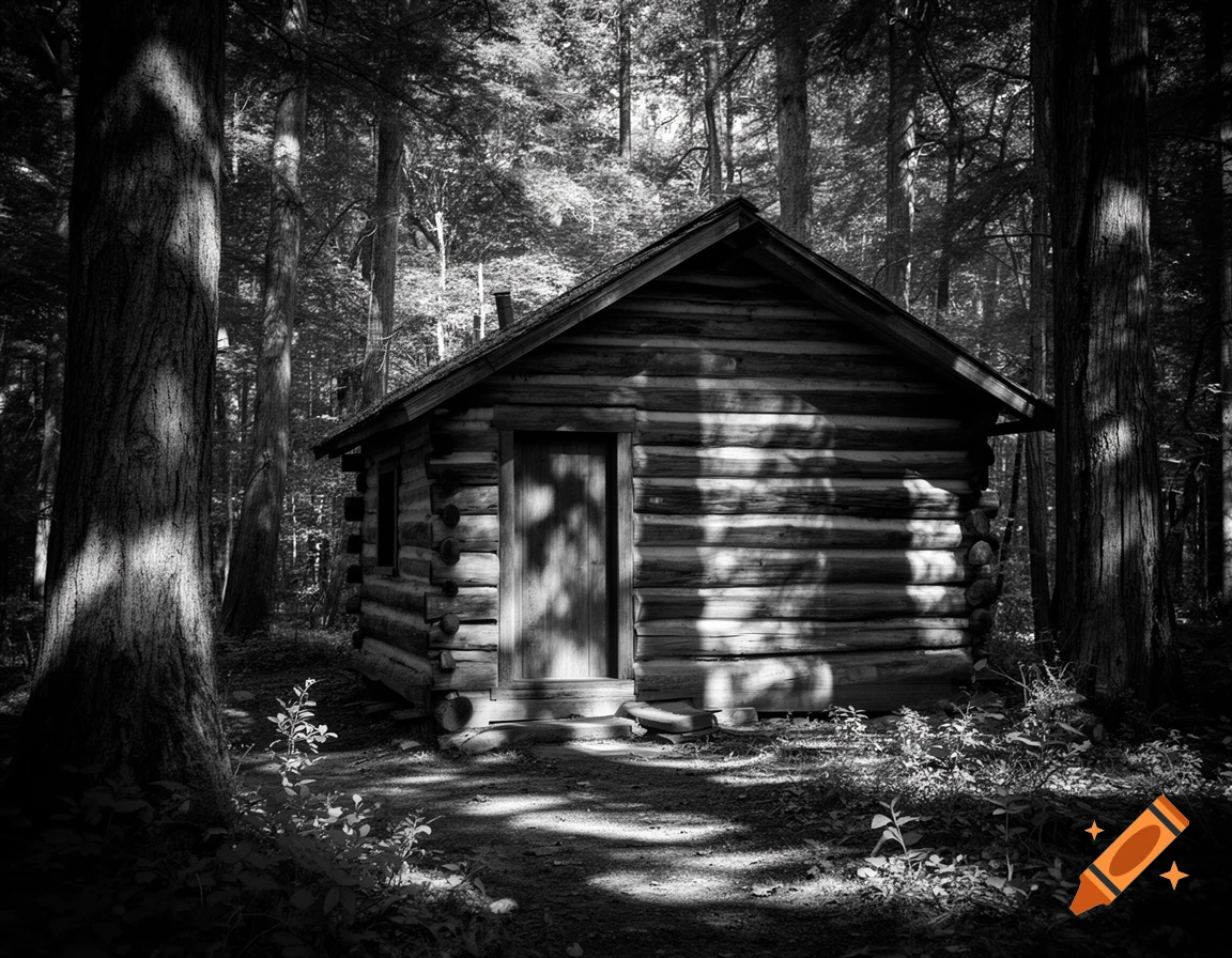 Black and white photograph of a rustic log cabin nestled deep within a dense forest, dappled with sunlight.
