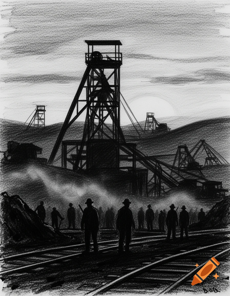 Black and white silhouette drawing of a coal mining scene with workers on railroad tracks and large industrial structures.