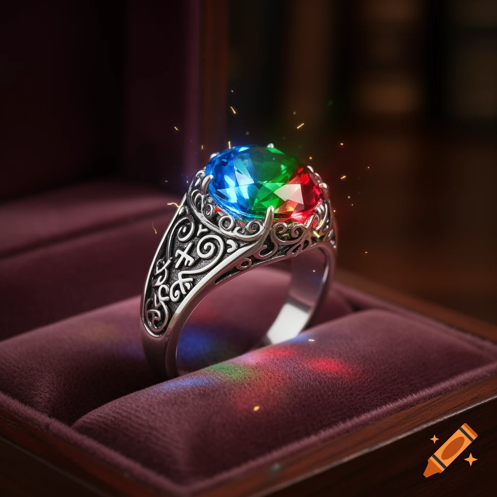A silver ring with intricate carvings holds a glowing, faceted gemstone displaying blue, green, and red hues, set in a velvet-lined box.