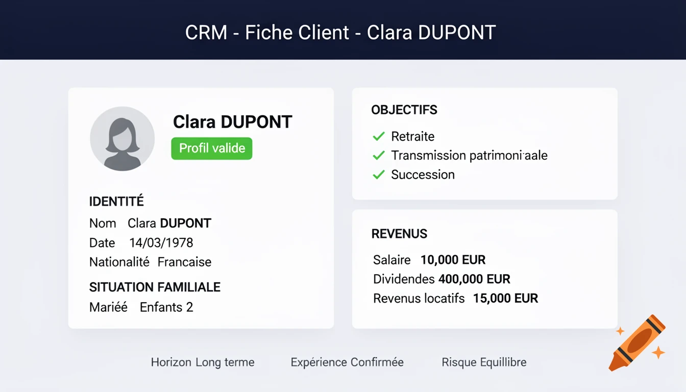 A flat 2D fintech CRM software UI mockup showing a client profile for Clara Dupont with personal details, financial objectives, and revenues.