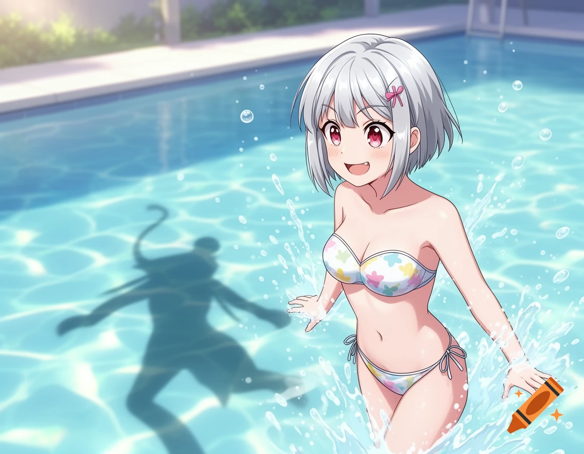 Anime girl with silver hair and red eyes in a floral bikini splashing in a blue swimming pool, with a shadow figure in the water.