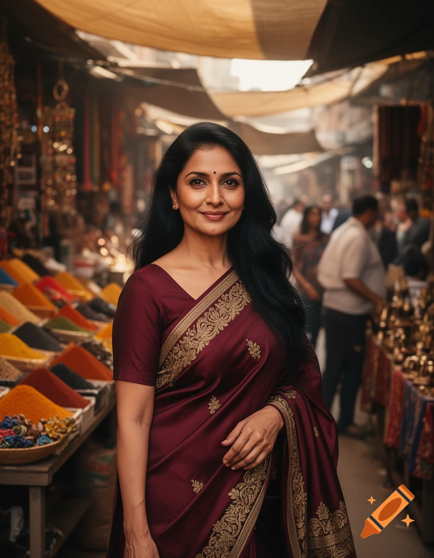 Photorealistic portrait of a smiling Indian woman in a burgundy sari at a vibrant spice market.