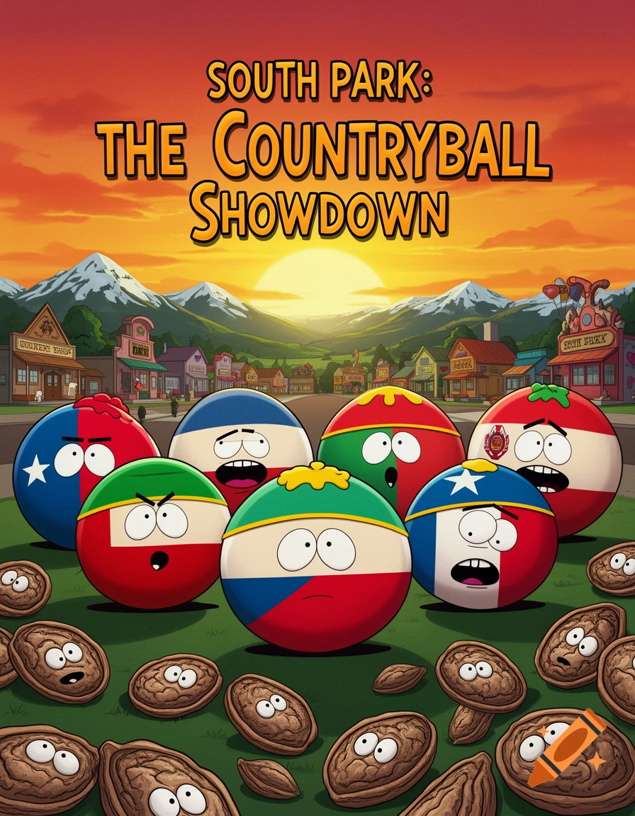 South Park style movie poster featuring Countryball characters and anthropomorphic nuts in a town at sunset.