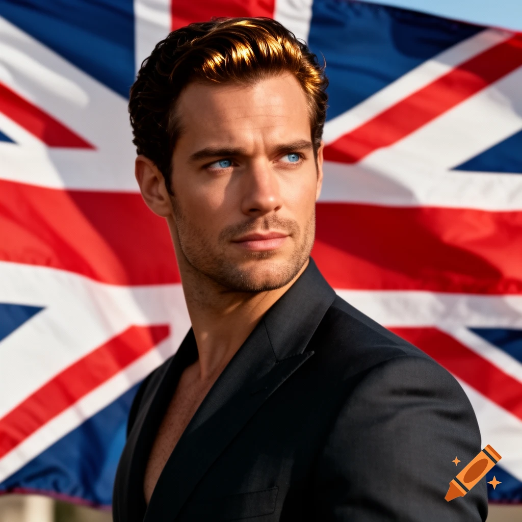 Photorealistic portrait of Henry Cavill with golden hair, looking right, in front of a British flag.