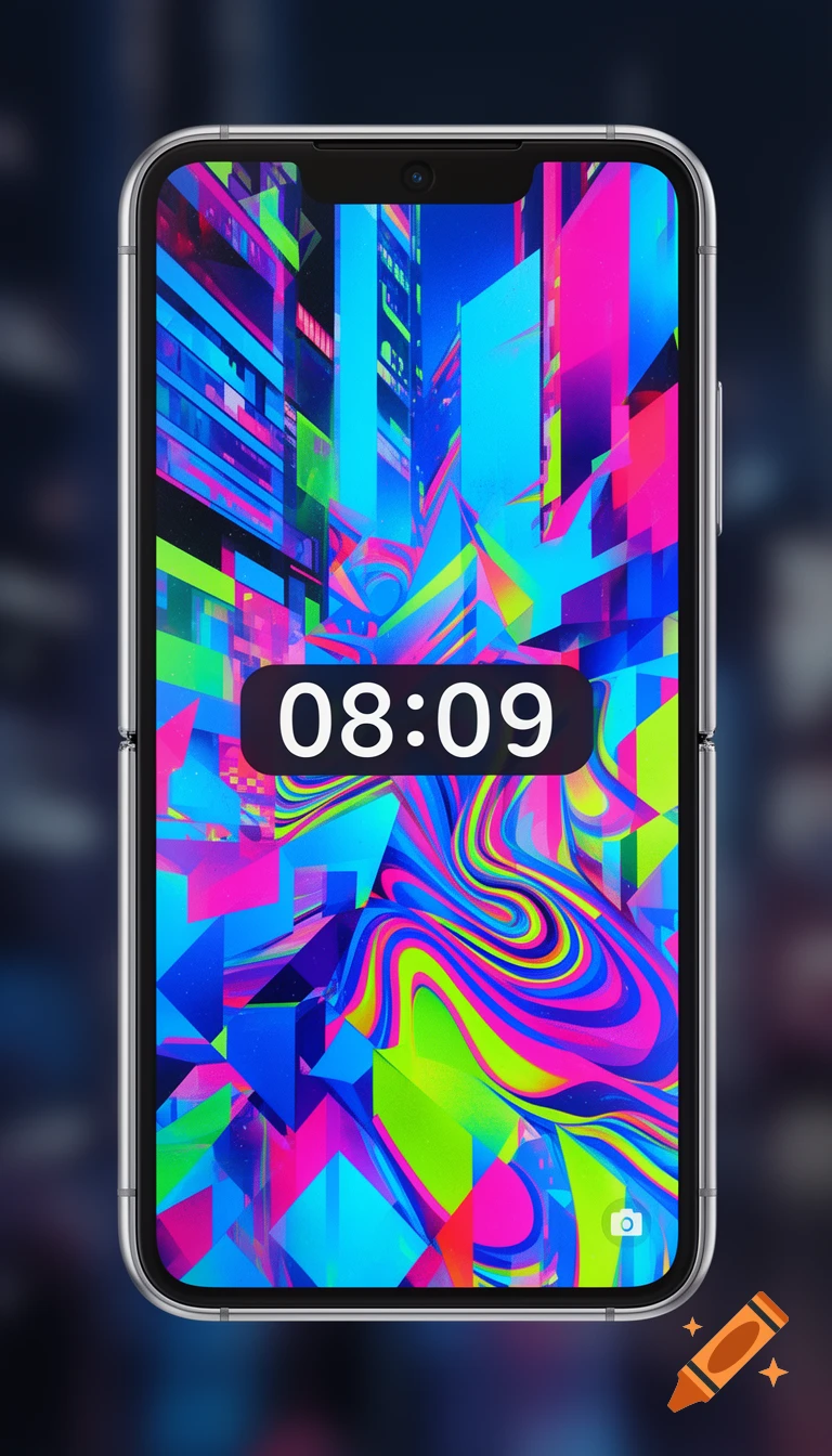 Silver flip smartphone displaying a vibrant abstract wallpaper with neon geometric shapes and swirls, showing '08:09' on a digital clock.