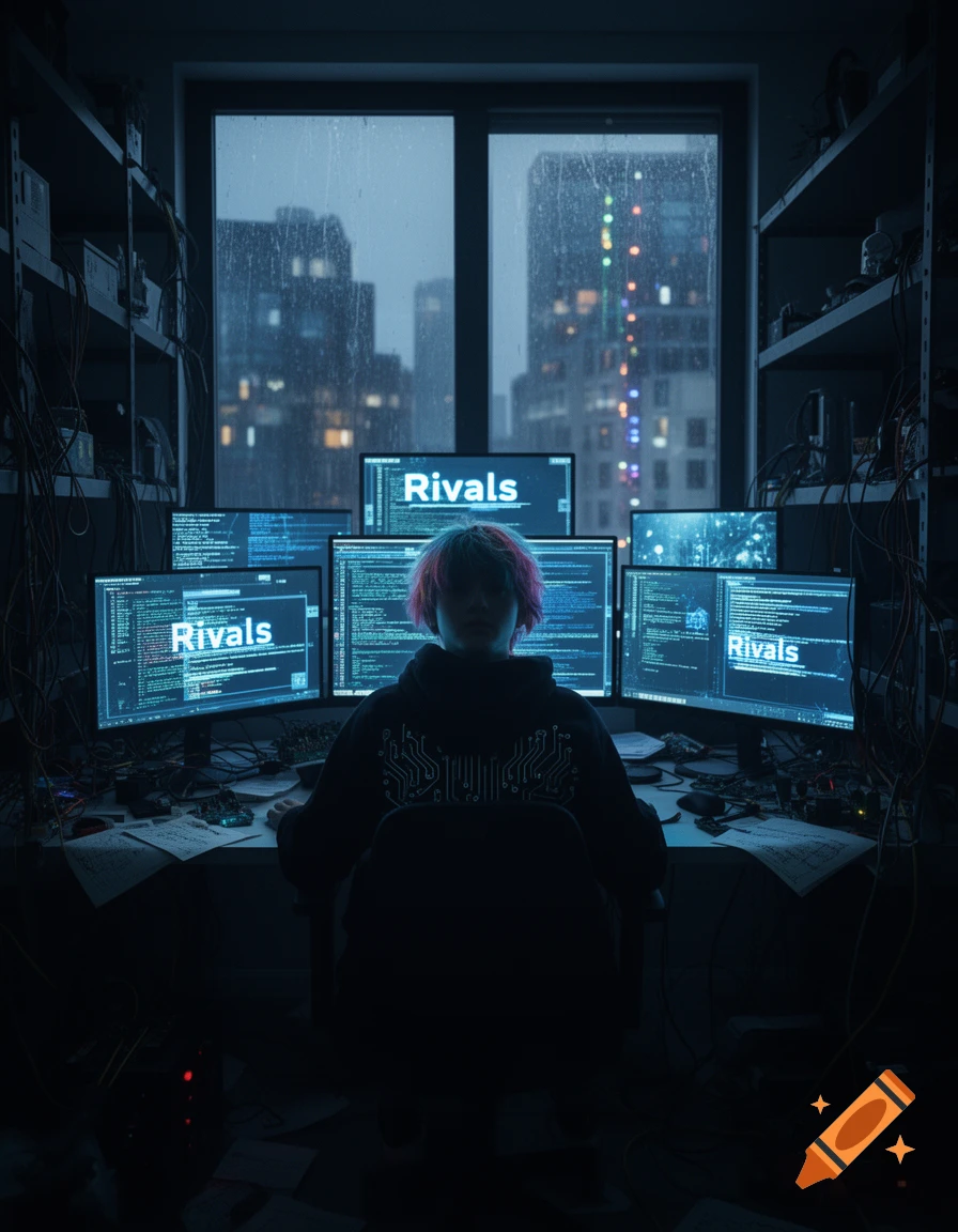 Person with pink hair in a dark room, surrounded by multiple computer screens showing code and 'Rivals', city outside the window.