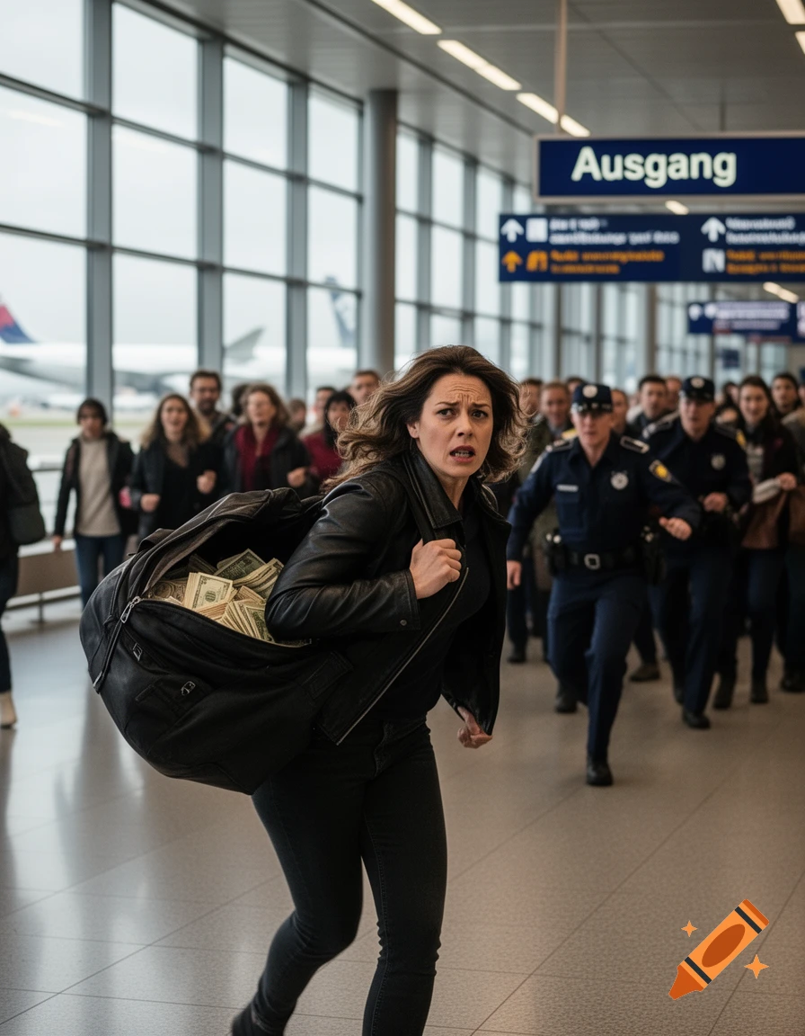 A woman in a black jacket and jeans runs through an airport with a duffel bag overflowing with cash as police officers chase her in the background.