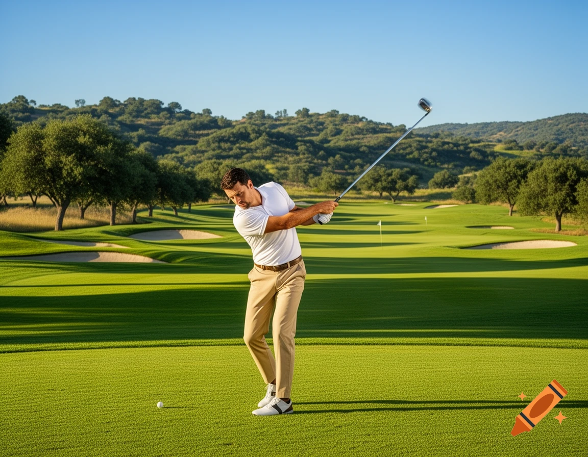A man in a white shirt and khaki pants swinging a golf club on a green golf course under a clear sky.