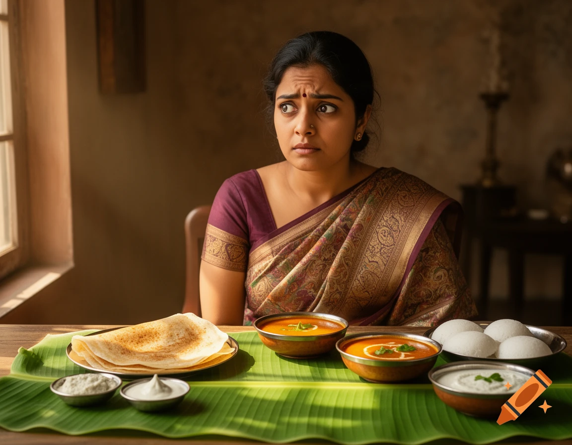 An Indian woman looks confused at her plate of South Indian breakfast, including dosa, idli, sambar, and coconut chutney, on a banana leaf.