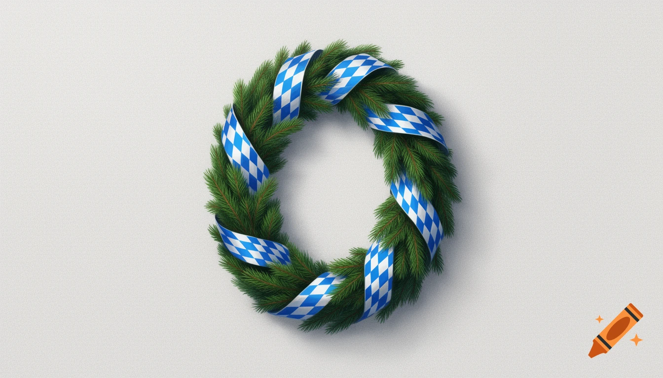 Fir wreath with a blue and white Bavarian diamond pattern ribbon on a plain white background.