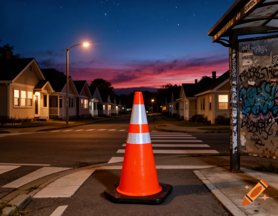 An orange traffic cone stands on a crosswalk on a quiet residential street at dusk, with houses and a bus stop visible.