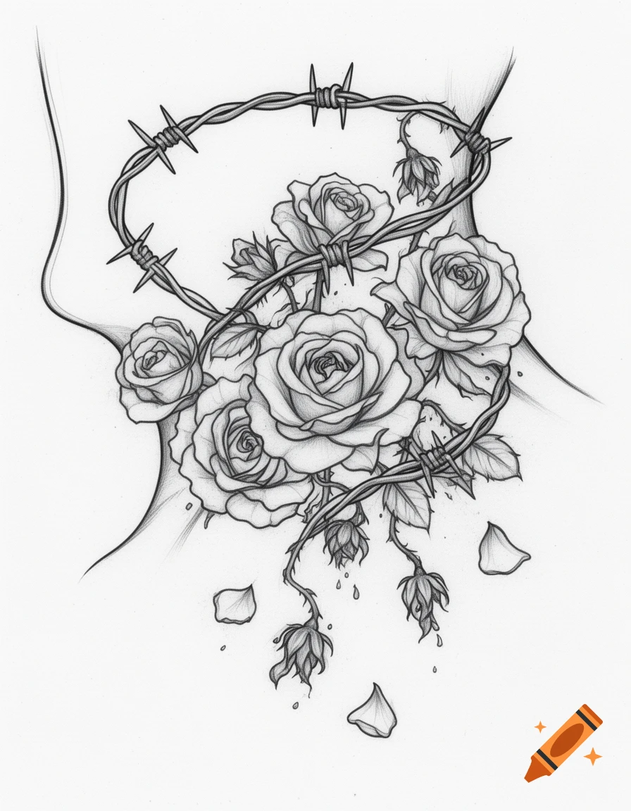 Black and white sketch of roses intertwined with barbed wire around a human neckline, with falling petals.