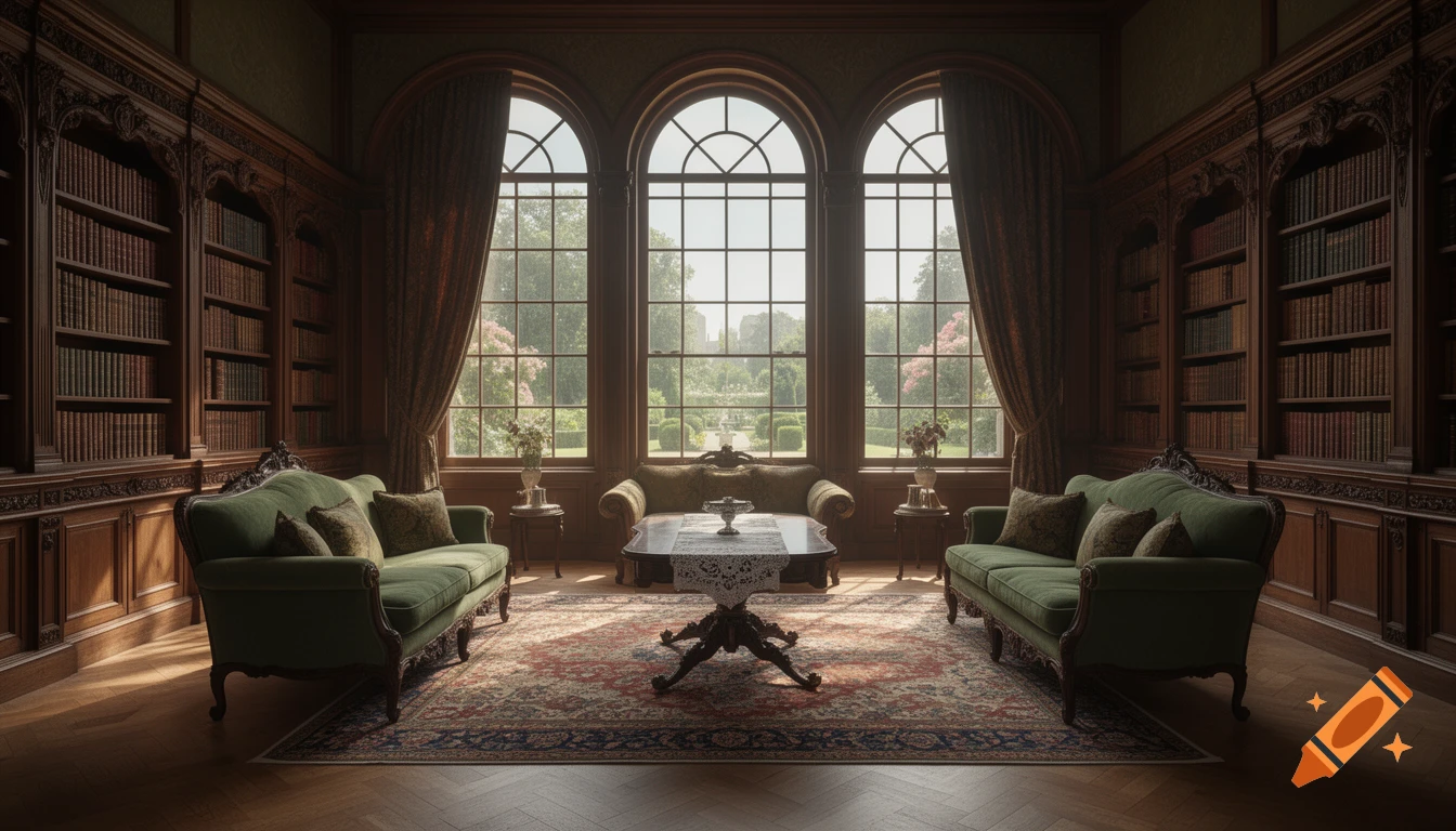 A grand Victorian library room with green sofas, a tea table, and bookshelves, illuminated by three large arched windows overlooking a lush garden.
