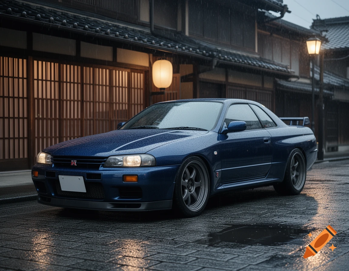 A blue Nissan Skyline GT-R R33 parked on a wet street in a traditional Japanese setting during rainfall.