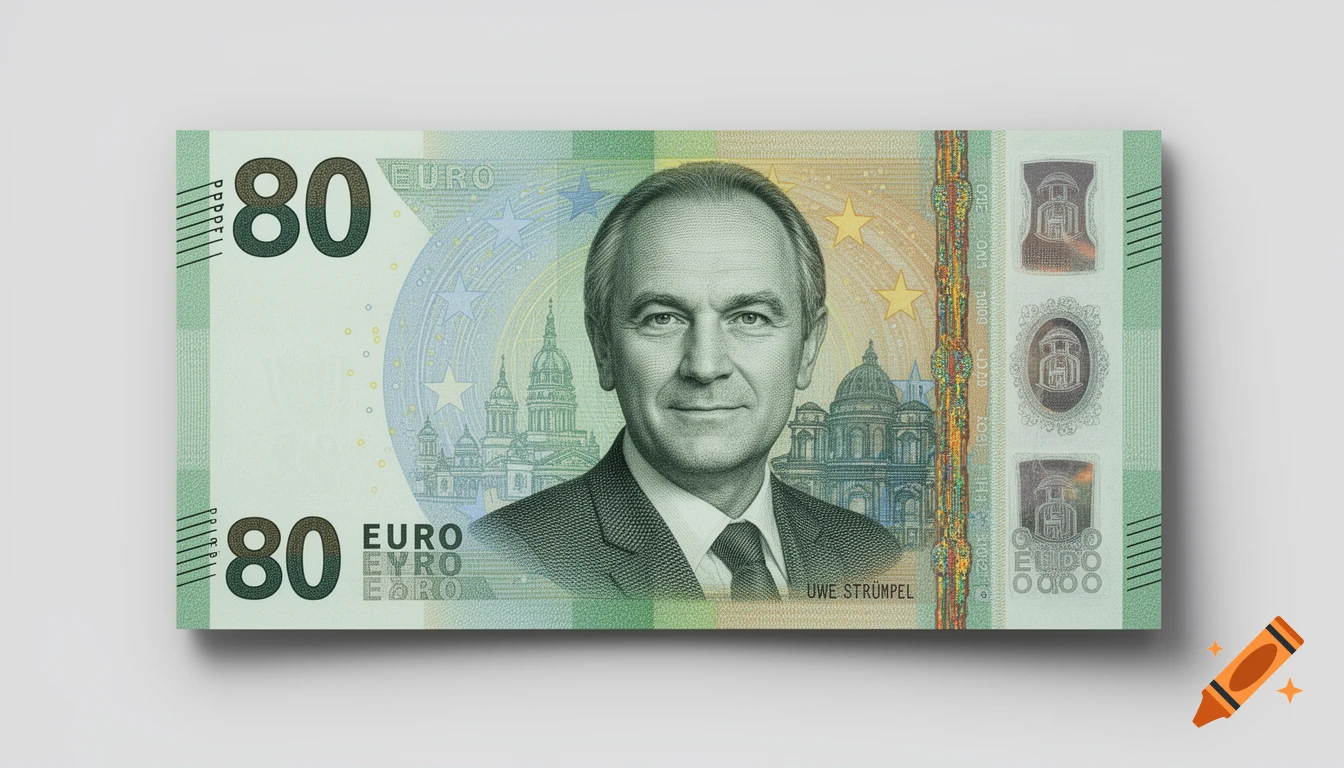 A photorealistic 80 Euro banknote featuring a portrait of a smiling older man in a suit, Uwe Strümpel, set against a background of European architectural elements and stars.