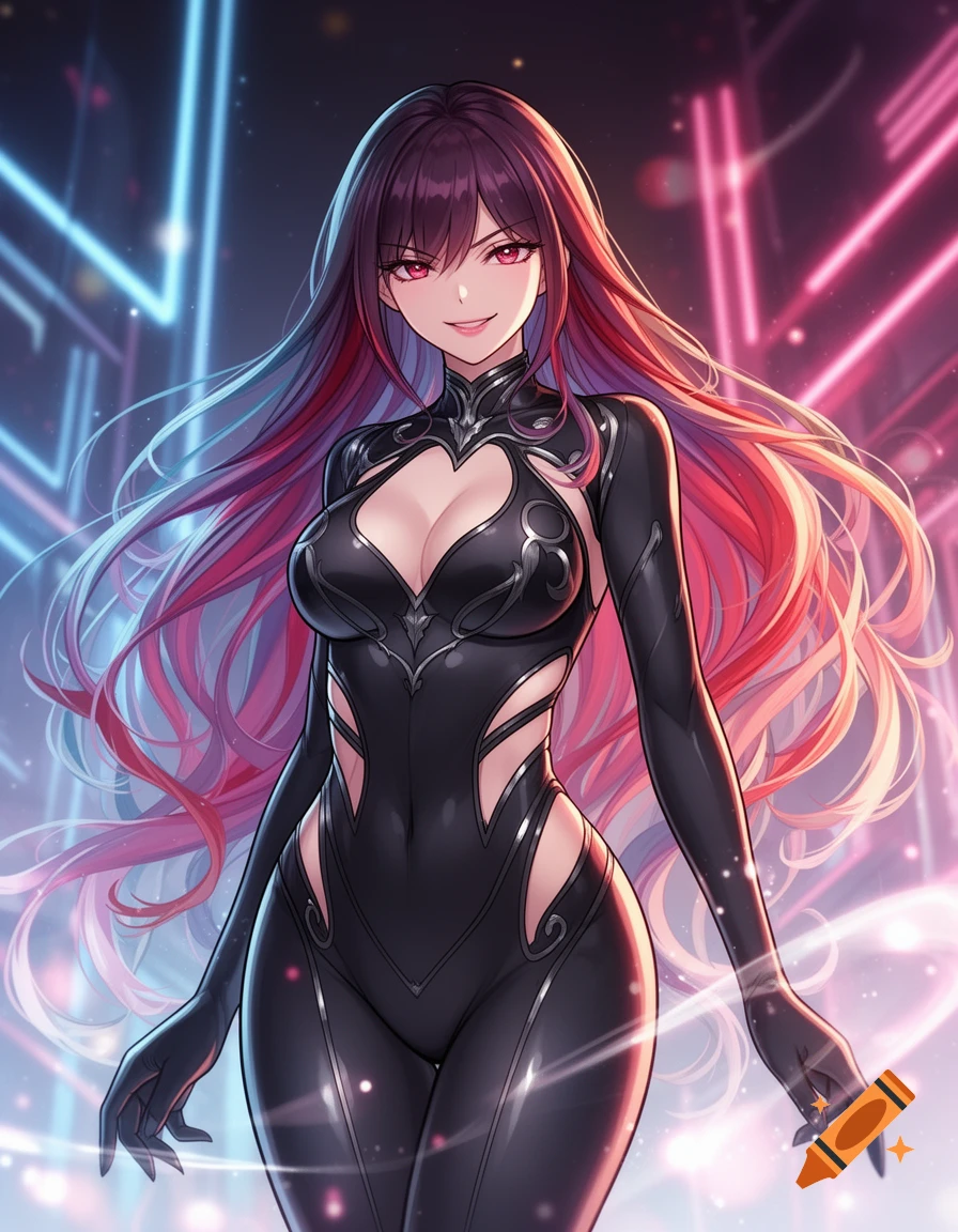 Anime woman with long red and blue hair in a tight black suit, standing against a neon light background.