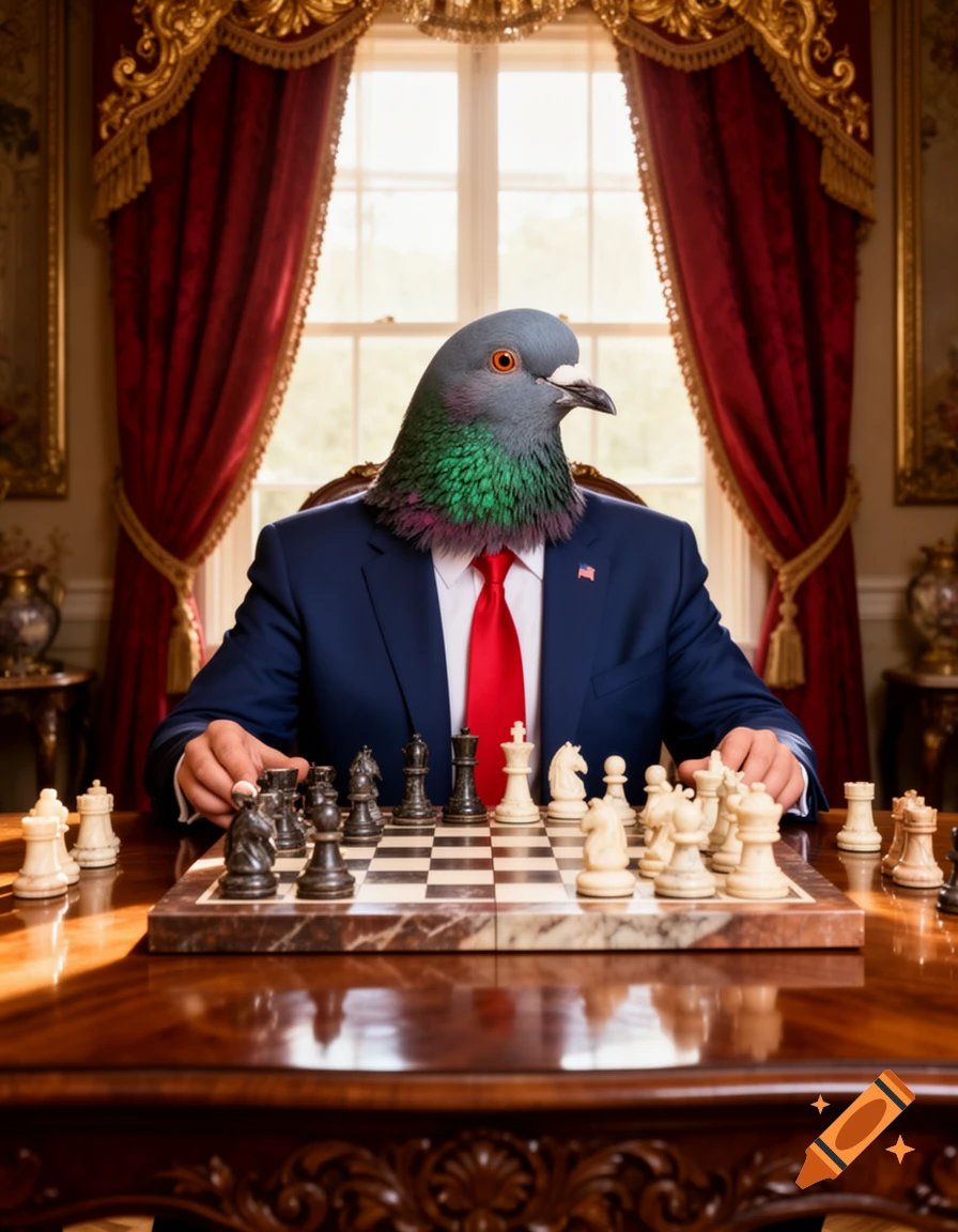 Pigeon-headed figure in a blue suit and red tie playing chess in a grand, opulent room.
