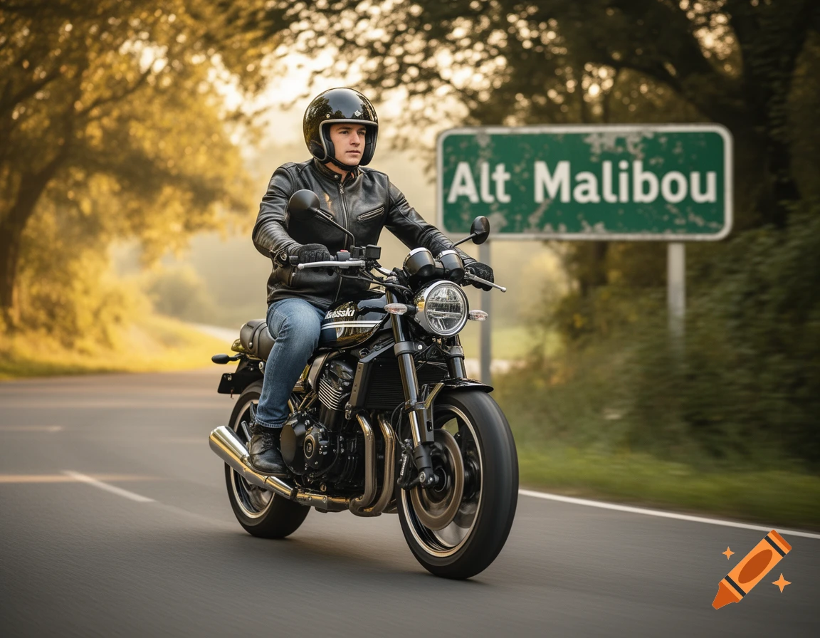 A man in a helmet and leather jacket rides a black Kawasaki Z900RS motorcycle on a scenic road, passing a green 'Alt Malibou' sign. Photorealistic.